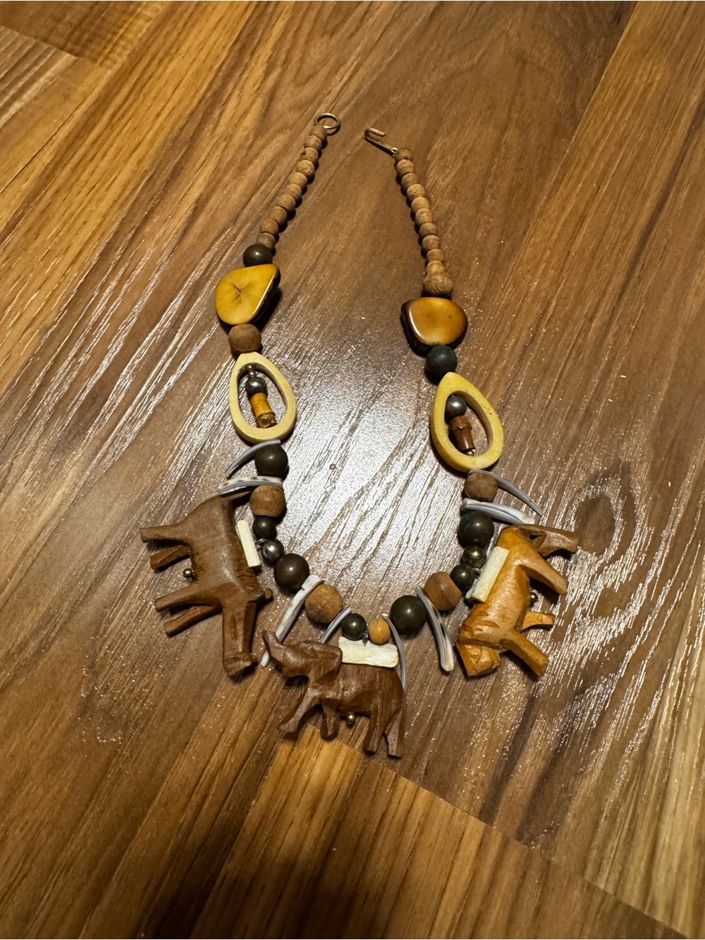 Boho Handcrafted Wooden Elephant/animals Necklace in Brown & Tan & shell